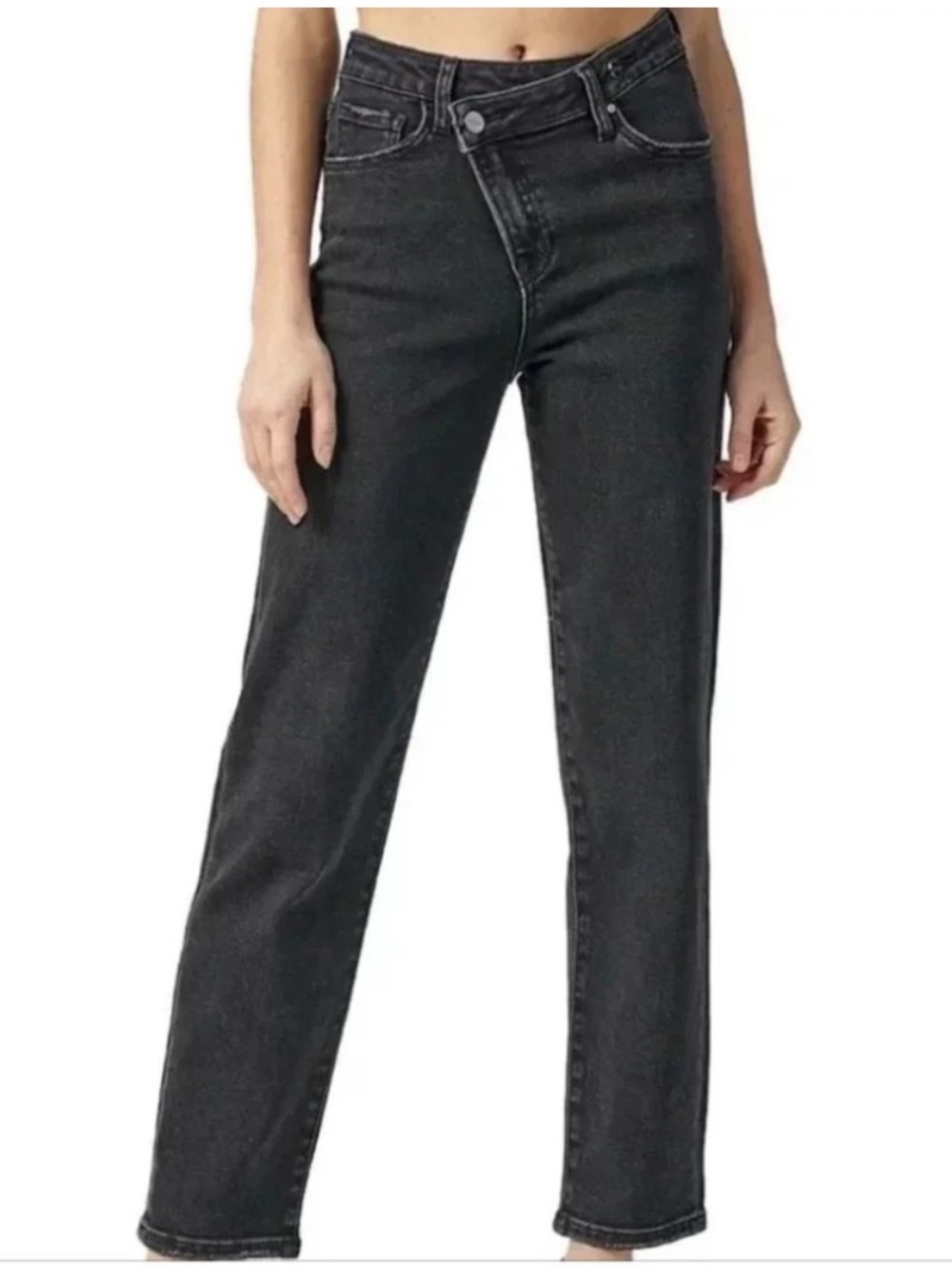 RISEN Crossover Waistband Girlfriend Fit Jeans Faded Washed Black Size 3 / 26